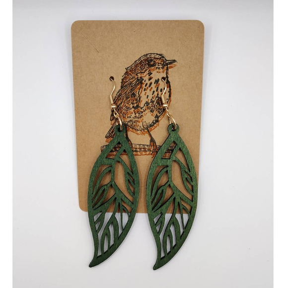 Green Leaf Plant Drop Hollow Earrings - Picture 4 of 5